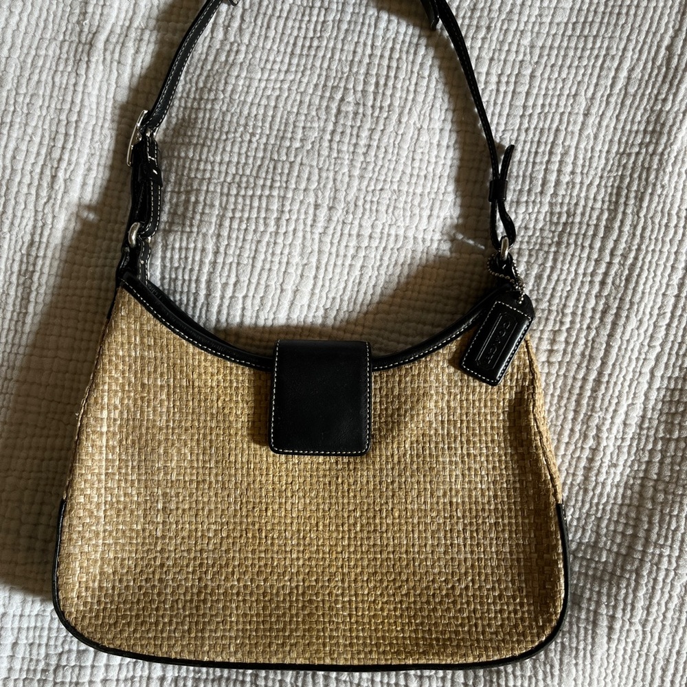 Coach woven straw and leather trim shoulder bag
